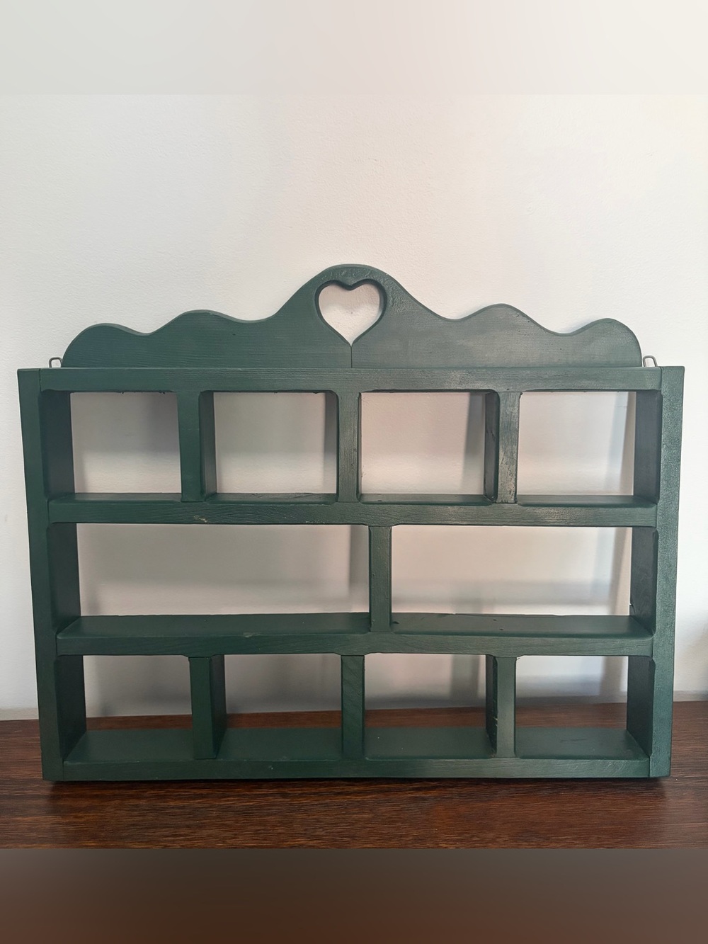 Green Wooden Wall Trinket Shelf with Heart Accent cottagecore